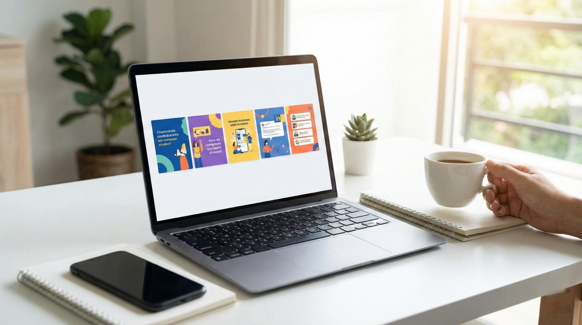 Stratégie de contenu affichant un modèle de carrousel LinkedIn performant sur un ordinateur de bureau.