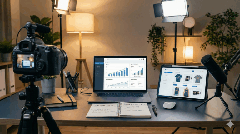 Vue d'ensemble d'un bureau de créateur de contenu illustrant diverses sources de revenus des influenceurs du web, incluant des graphiques financiers sur ordinateur, une boutique de produits dérivés sur tablette, une caméra et un microphone.