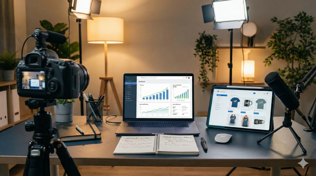 Vue d'ensemble d'un bureau de créateur de contenu illustrant diverses sources de revenus des influenceurs du web, incluant des graphiques financiers sur ordinateur, une boutique de produits dérivés sur tablette, une caméra et un microphone.